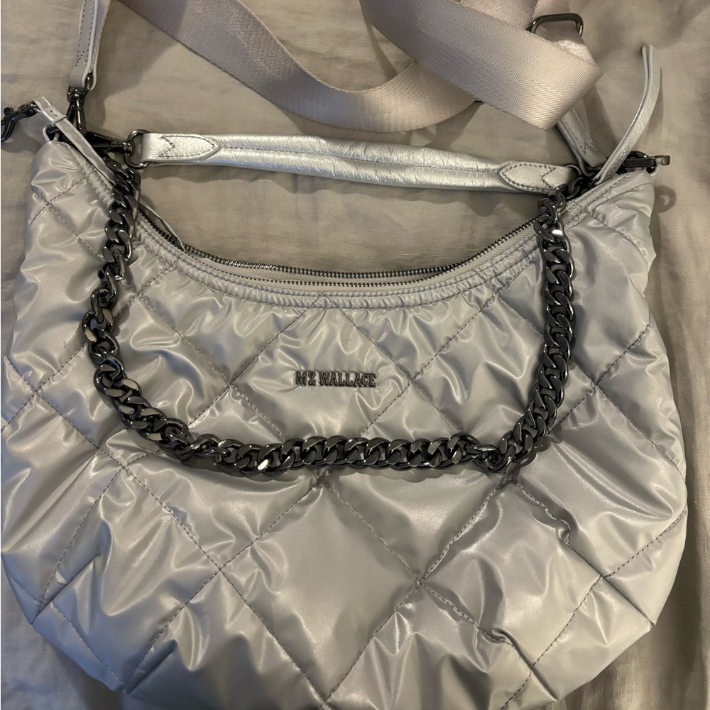 Mz Wallace Quilted Madison Shoulder Bag oyster metallic silver.. LIKE NEW.